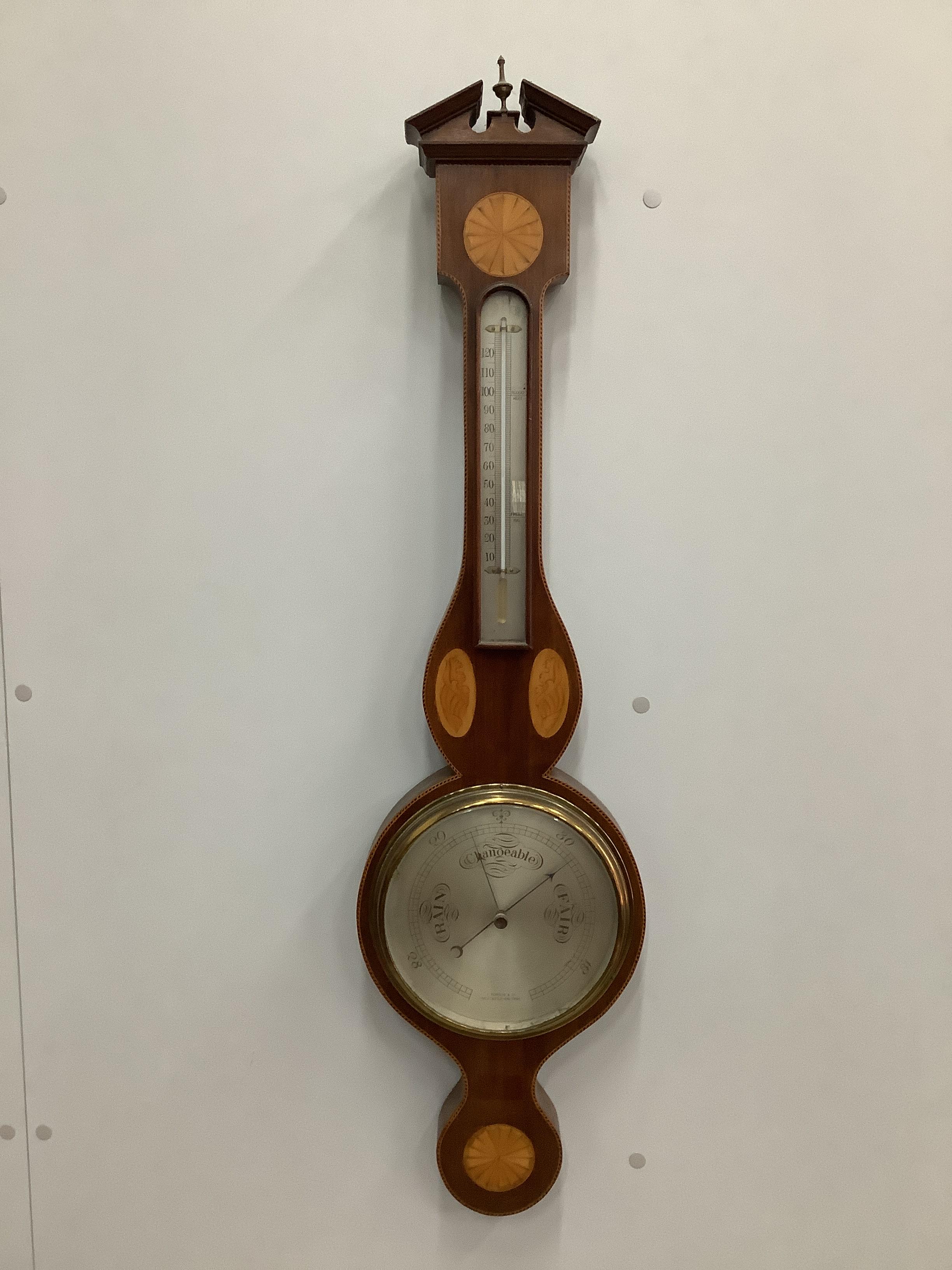 An Edwardian F. Robinson inlaid mahogany wheel barometer, height 99cm